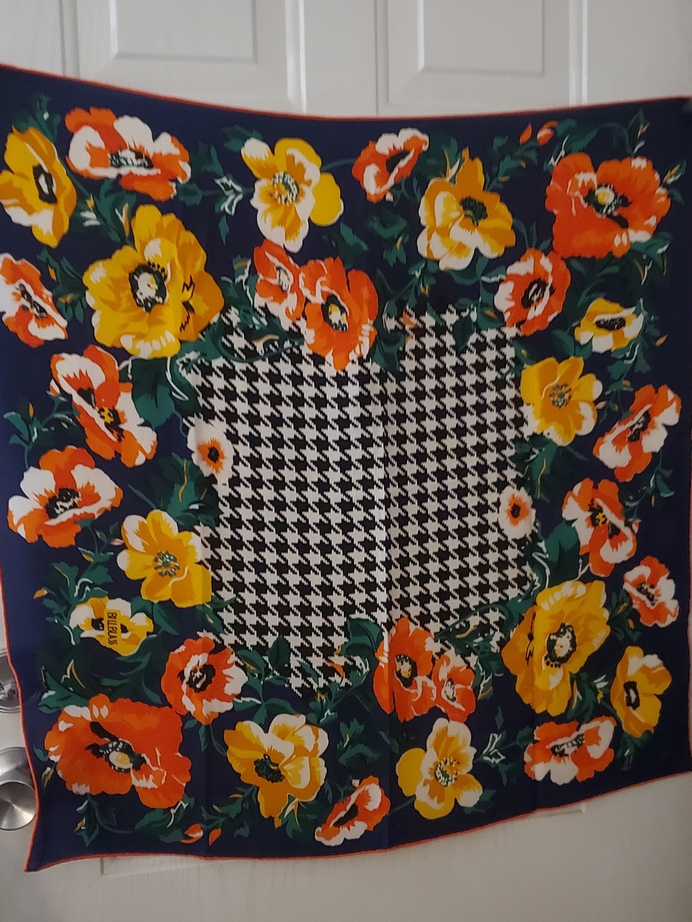 Bill Blass Navy Floral & Houndstooth Silk Scarf with Orange and Yellow Flowers